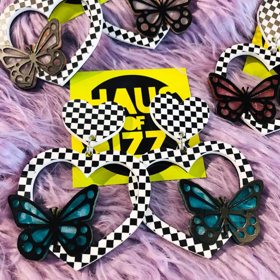 haus_of_dizzy_checkered_b_0.webp Earrings^Haus Of Dizzy Checkered Butterfly Heart Earrings
