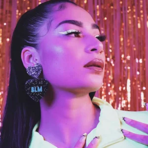 Earrings^Haus Of Dizzy 'PROTEST' in 'BLM' Black Glitter Heart Earrings