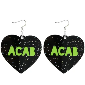 Earrings^Haus Of Dizzy 'PROTEST' in 'ACAB' Black Glitter Heart Earrings