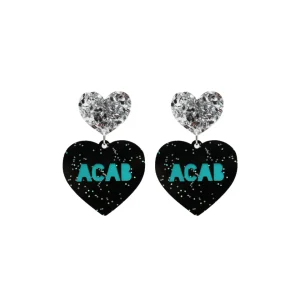 Earrings^Haus Of Dizzy 'PROTEST' in 'ACAB' Black Glitter Heart Earrings
